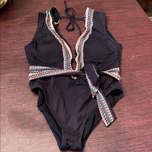 Kenneth Cole Black One-Piece with Aztec  Multicolor Trim
